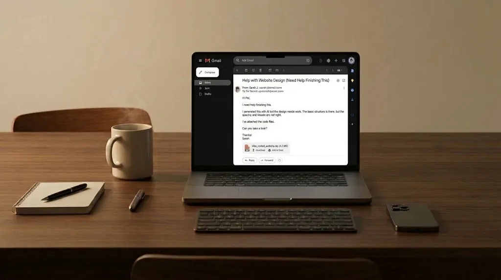 A client email asking for help finishing an AI-generated website